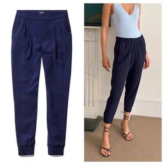 Aritzia Babaton Harvey Navy Blue Pleated Crepe Jogger Pant - Picture 1 of 8